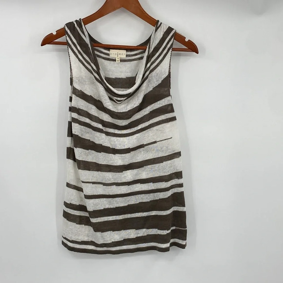 Project Tank Blouse Cardigan Set Womens Sz Medium White Green Striped Linen Cowl - Picture 2 of 13